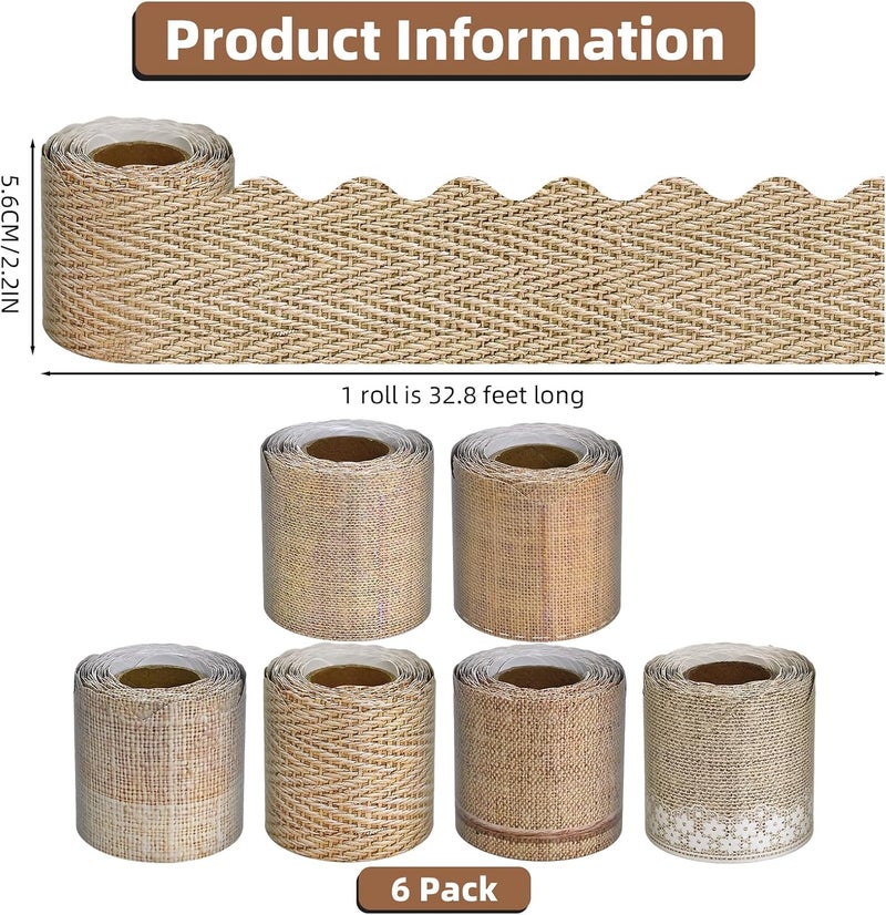 DASTTUIS 6 Rolls 196.8 Ft Burlap Bulletin Board Border Set - Retro Farmhouse Theme Trim - Perfect for Birthday, Classroom, Office & Back to School Decorations - Teacher Decor, Wall & Supplies - Image 2